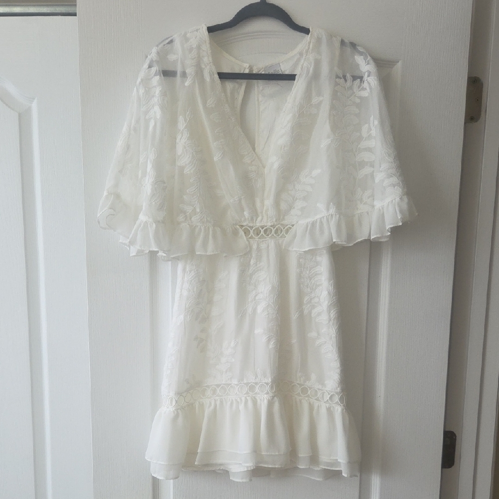Selfie Leslie White Lace V-Neck Mini Dress with Ruffle Trim